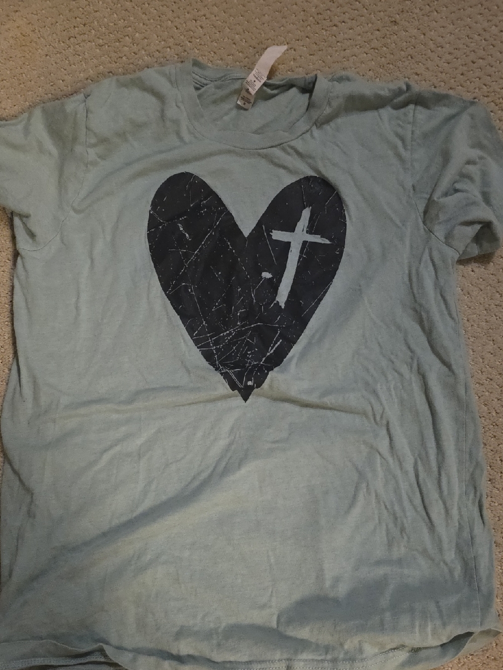 Mint Green Tee with Black Heart & Cross Graphic